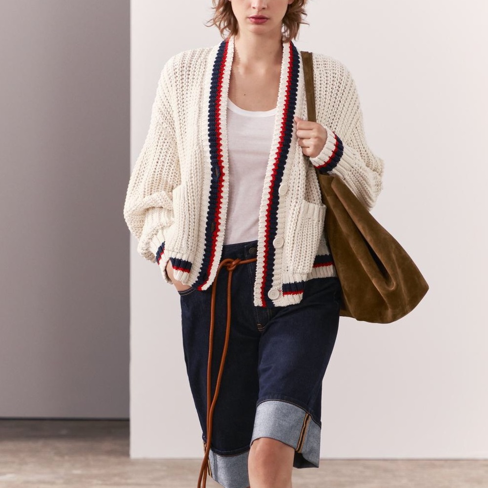 🔥 FINAL SALE $35 Zara Varsity Collegiate Chunky Loop Knit Cream Cardigan Sweater - Picture 14 of 15